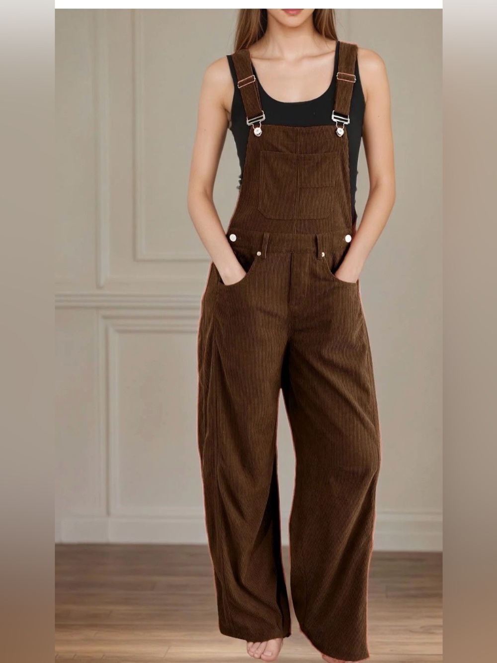 pair of women's brown corduroy barrel wide-leg overalls size - Y 18/20 or small